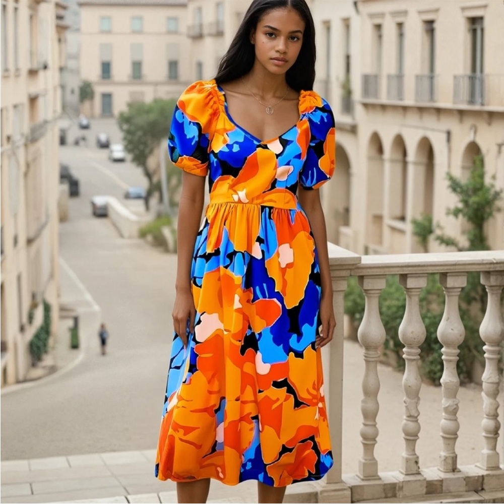 Tabitha Brown Target Floral Puff Sleeve Bow Back Blue Orange Midi Dress